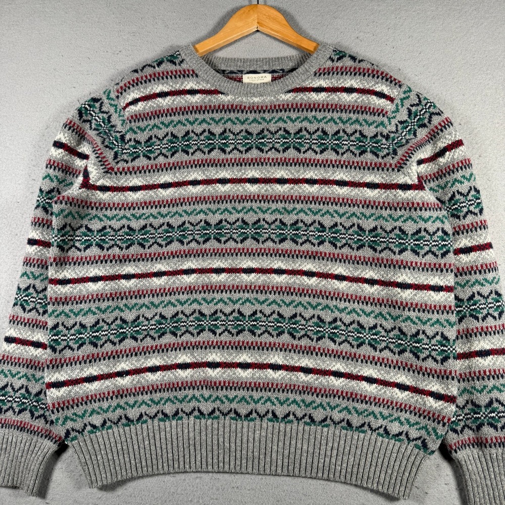 Sonoma Life Style Mens XL Fair Isle Knit Sweater Gray Red Green‎ Pattern Wool